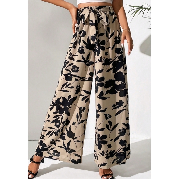 Tan Floral Wide Leg Pants - Picture 4 of 8